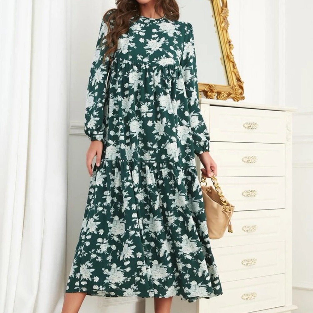 Green floral midi in silky fabric with elegant full sleeves and ruffle bottom